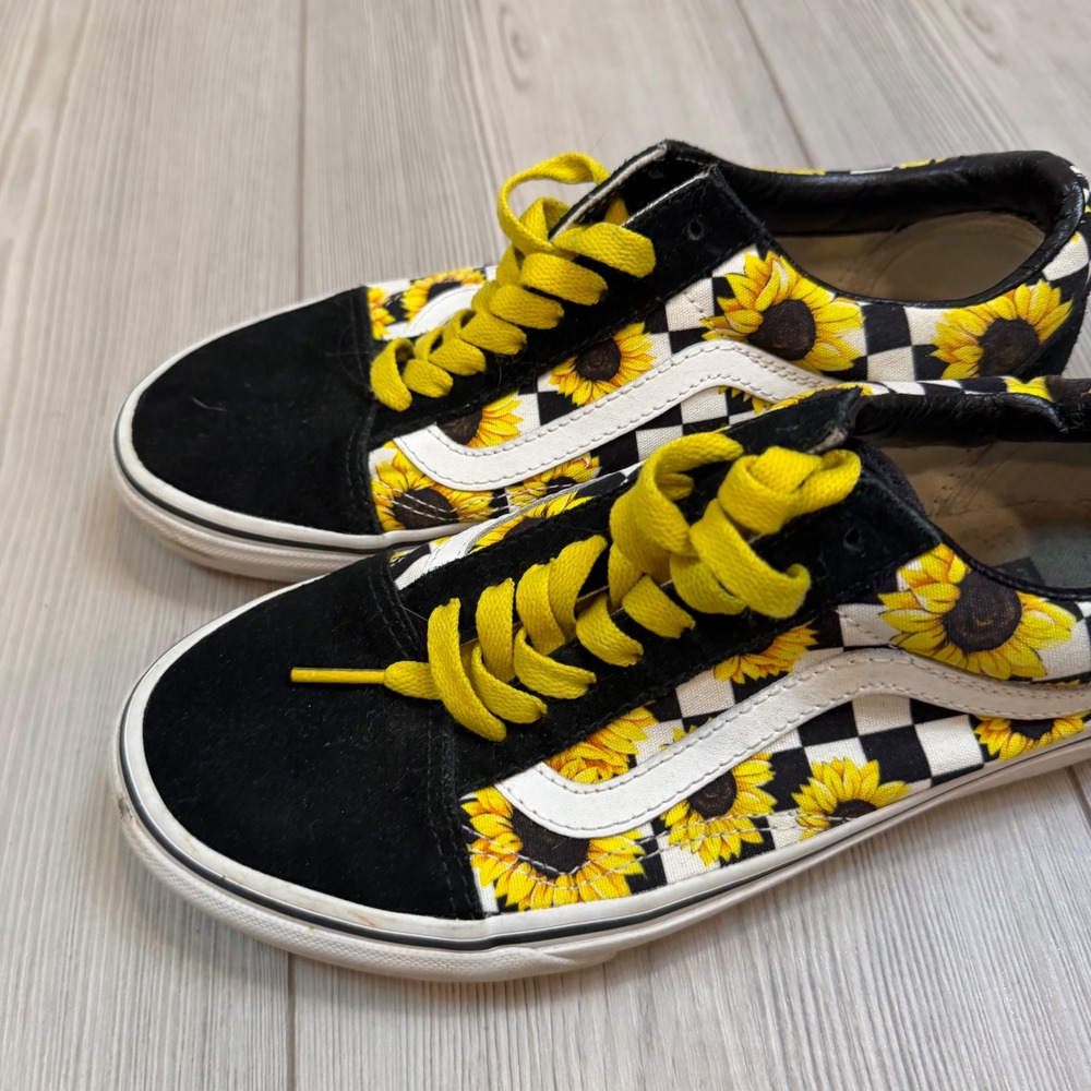 Vans Old Skool Customs Sunflower Checkerboard Sneakers Black Men 7 WMN 8.5 - Picture 3 of 9